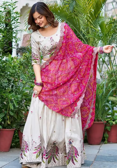 Clysta Women's Chinnon Sequins Embroidered Lehenga Choli With Bandhani Dupatta Set