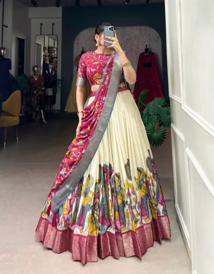 Clysta Women's Collection Dolla Silk Lehenga Choli Patola Print with Foil Work With Unstitched Blouse