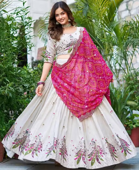 Clysta Women's Chinnon Sequins Embroidered Lehenga Choli With Bandhani Dupatta Set