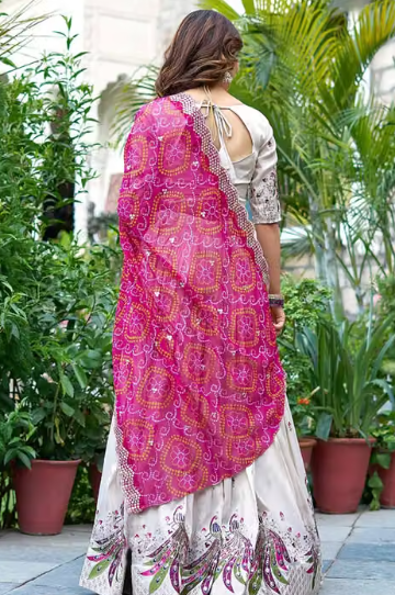Clysta Women's Chinnon Sequins Embroidered Lehenga Choli With Bandhani Dupatta Set