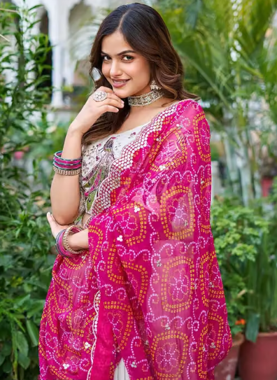 Clysta Women's Chinnon Sequins Embroidered Lehenga Choli With Bandhani Dupatta Set