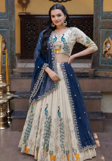 Clysta Chinnon Peacock Work Lehenga Choli with Dupatta