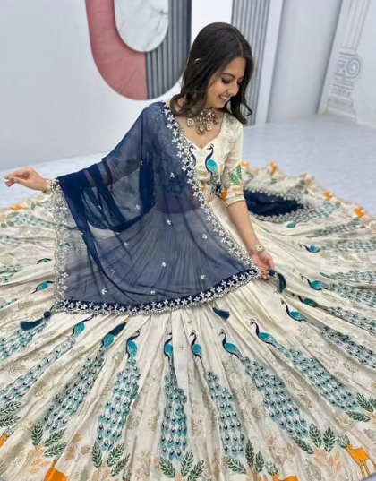 Clysta Chinnon Peacock Work Lehenga Choli with Dupatta
