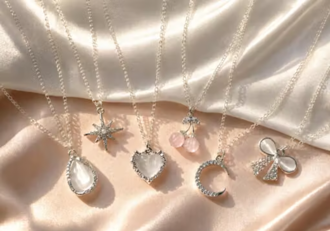 CLYSTA Set of 6 Korean Silver-Plated American Diamond Charm Pendant Necklaces for Women & Girls