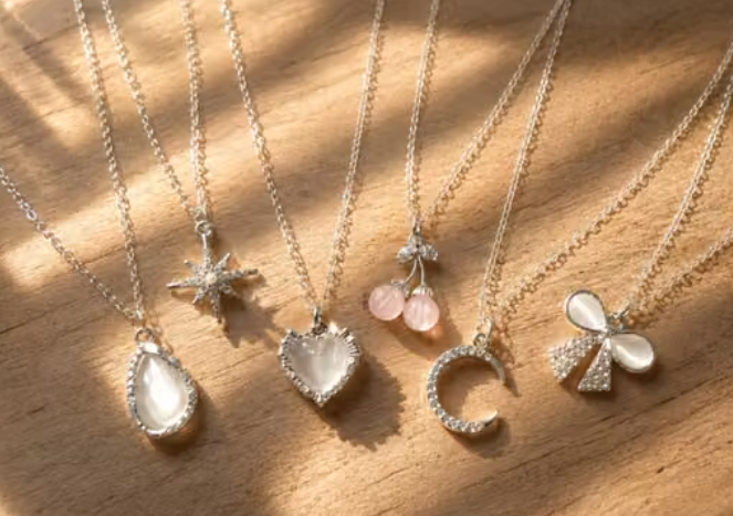 CLYSTA Set of 6 Korean Silver-Plated American Diamond Charm Pendant Necklaces for Women & Girls
