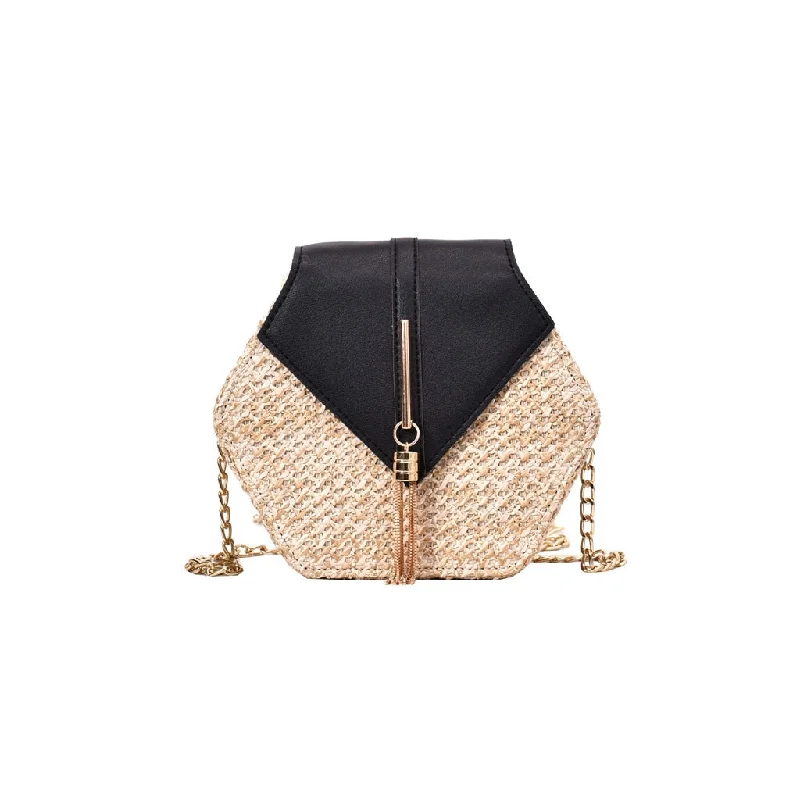 Structured Women's Handle Bags in Navy with Gold - Tone Hardware for Office UseWomen Retro Weave Leather Tassel Chain Crossbody  Bag