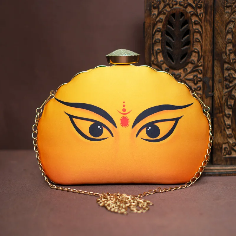 Velvet Clutch Bag in Burgundy with Crystal Embellishments for Formal DinnersArtklim Durga Eyes Yellow Printed D-Shape Clutch