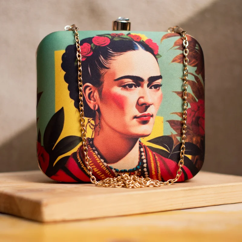 Women's Glittery Clutch in Blue for Disco - Themed EventsArtklim Frida Kahlo Printed Clutch