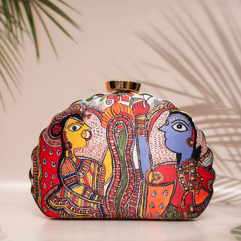 Lace - Trimmed Satin Clutch in Ivory for Garden WeddingsArtklim Madhubani Printed D-shape Clutch