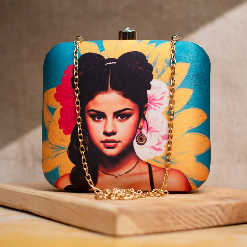 Leather Clutch with Chain Strap in Black for Cocktail PartiesArtklim Selena Gomez Printed Clutch