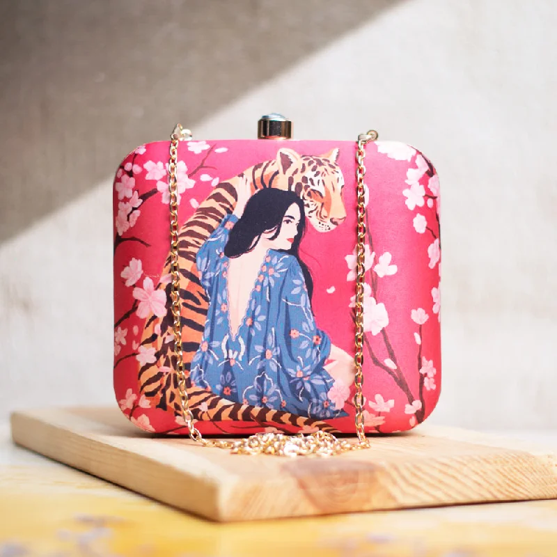 Floral - Printed Satin Clutch in Pink for Spring GalasArtklim Tiger Lady Printed Clutch