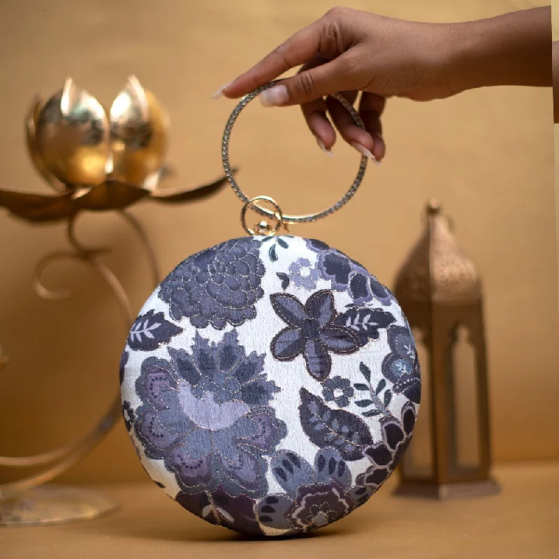 Women's Metallic Leather Clutch in Rose Gold for Valentine's DateWhite And Grey Floral Embroidery Round Clutch