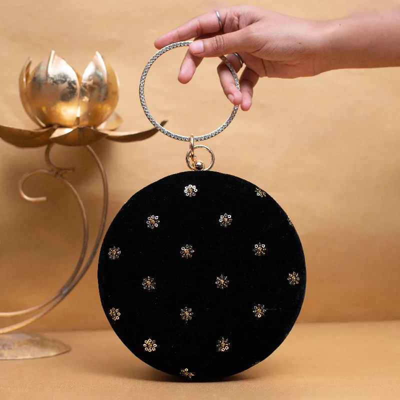 Women's Embroidered Silk Evening Bag in Navy for WeddingsBlack Sequins Embroidery Fabric Round Clutch