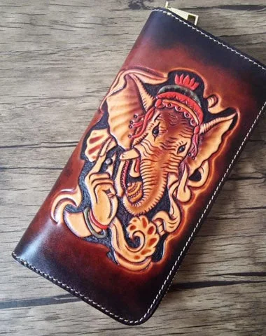 Convertible Women's Card Cases that Double as Keychains in Gold for Added FunctionalityBrown Handmade Ganesha Leather Long Wallet Zipper Wallet Clutch Wallet For Men