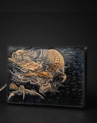 Expandable Women's Wallet in Brown for Carrying More Cash and CardsBlack Handmade Tooled Leather Chinese Dragon Clutch Wallets Wristlet Bag Clutch Purse For Men