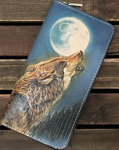 Floral - Printed Women's Card Cases in Pastel Colors for a Feminine VibeBlue Handmade Tooled Wolf Leather Long Wallet Zipper Wallet Clutch Wallet For Men