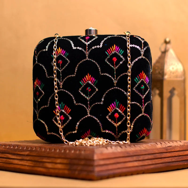 Suede Clutch with Tassel Details in Olive for Fall SoireesBlack Multicolour Sequins Embroidery Clutch