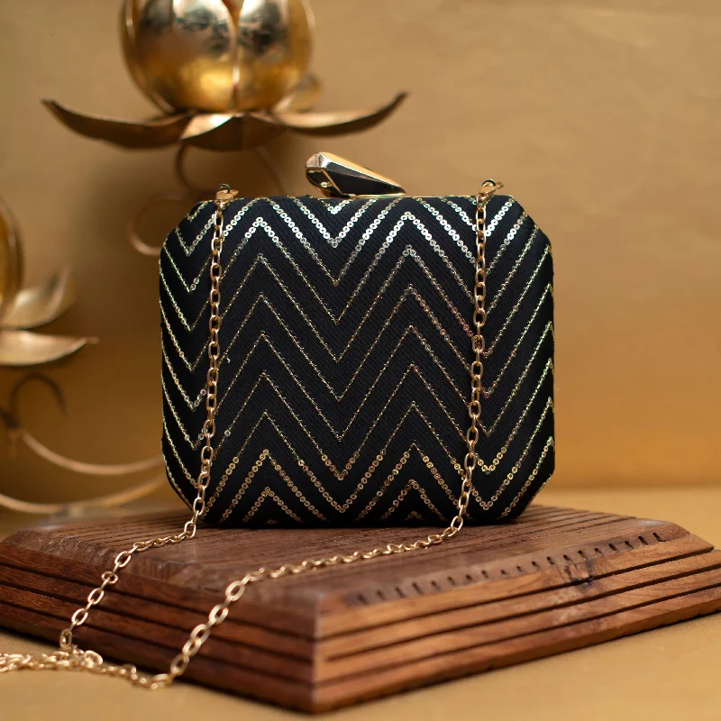 Geometric - Patterned PVC Evening Bag in Multicolor for Trendy Nights OutBlack Sequins Zigzag Embroidery Clutch