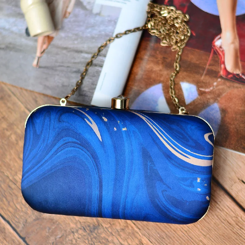 Women's Glittery Clutch in Blue for Disco - Themed EventsBlue-Golden Resin Print Clutch