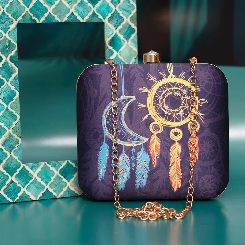 Quilted Leather Evening Bag in Gray for Sophisticated EventsBlue-Orange Dream Catcher Printed Clutch