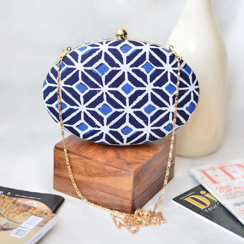 Women's Embroidered Silk Evening Bag in Navy for WeddingsBlue Printed Oval Clutch