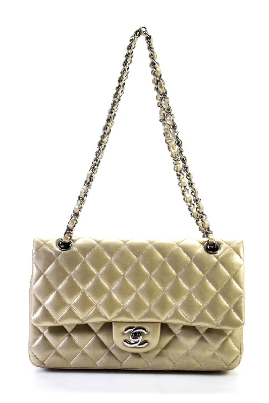 Women's Crossbody Bag with Chain Strap in Gold for a Glamorous TouchChanel Womens Silver Tone Logo Quilted Double Flap Metallic Crossbody Handbag Beige