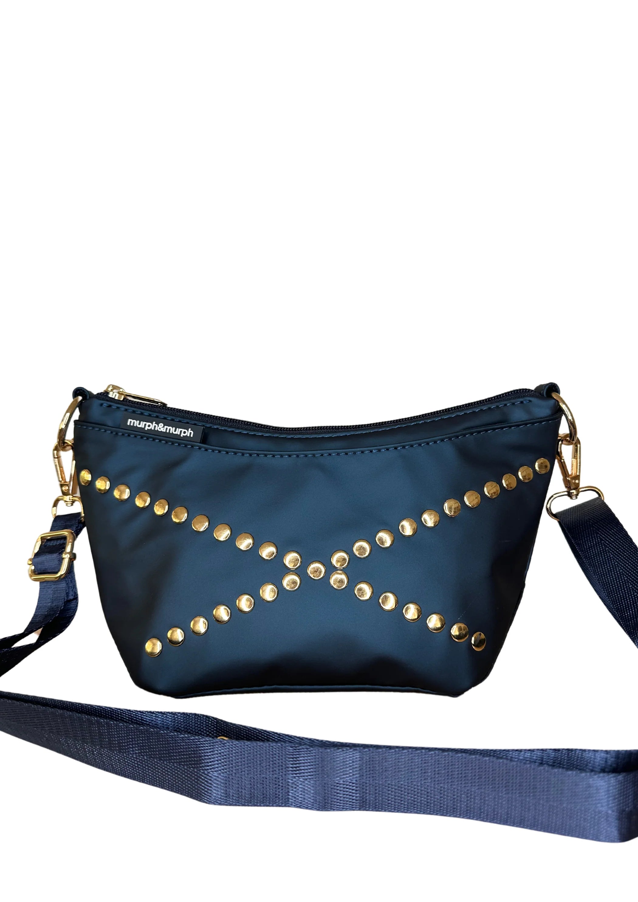 Women's Glittery Clutch in Blue for Disco - Themed EventsCOVE PETITE BAG | Mia Navy x Gold Studs