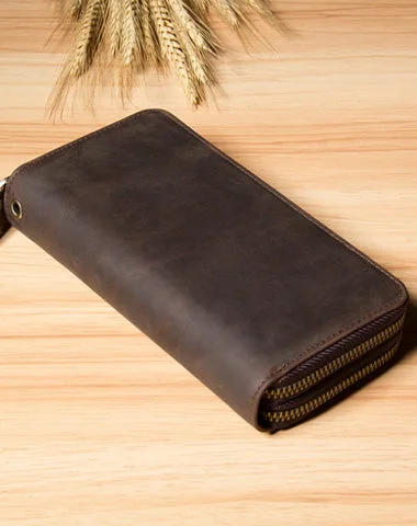 Women's Card Cases with a Hidden Compartment for Secret Storage in GrayVintage Leather Mens Clutch Wallet Double Zipper Clutch Wristlet Wallet for Men