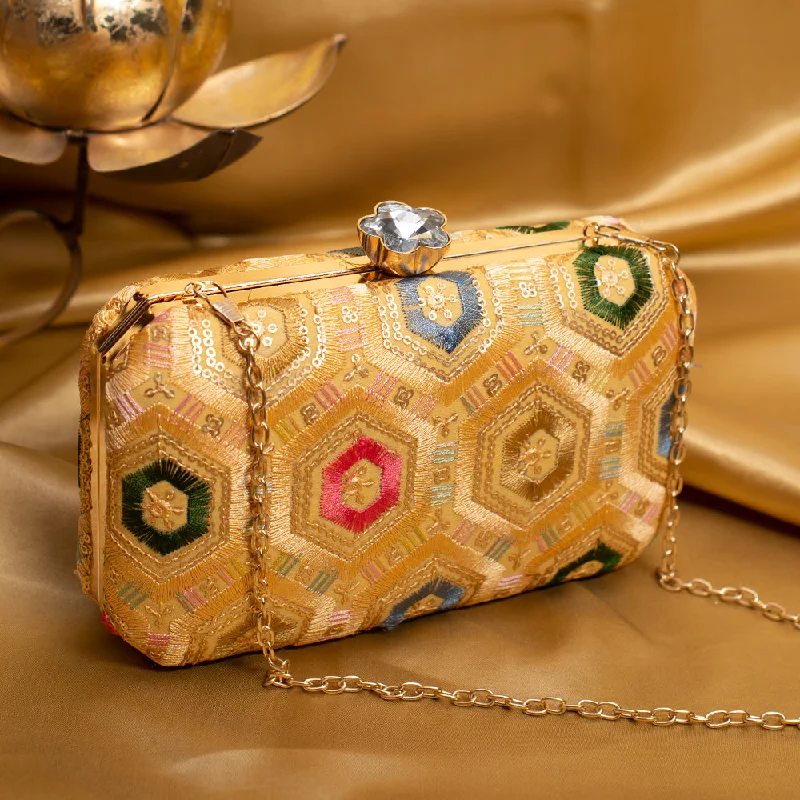 Floral - Printed Satin Clutch in Pink for Spring GalasGolden Rectangle Sequins Embroidery Clutch