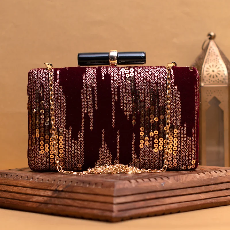 Leather Clutch with Chain Strap in Black for Cocktail PartiesGolden Sequins Maroon Embroidery Clutch