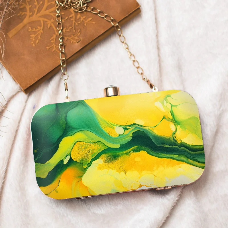 Suede Clutch with Tassel Details in Olive for Fall SoireesGreen And Yellow Flow Art Printed Clutch