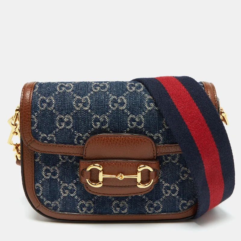 Leather - Trimmed Denim Crossbody Bag in Blue for a Vintage - Inspired LookGucci Blue/brown Gg Denim And Leather Mini Horsebit 1955 Crossbody Bag