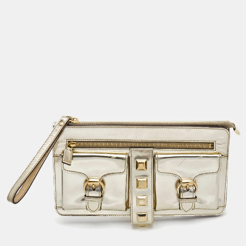 Lace - Trimmed Satin Clutch in Ivory for Garden WeddingsGucci  Gold Laminate Leather Studded Evening Wristlet Clutch