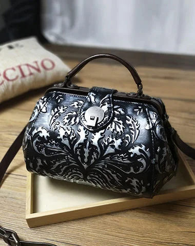 Metallic Crossbody Bag in Silver for New Year's Eve and Special CelebrationsHandamde Womens Black Leather Doctor Handbag Purses Floral Black Doctor Crossbody Purse for Women