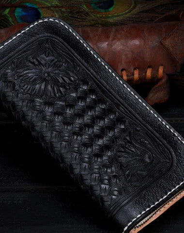 Minimalist Women's Card Cases in Gray with a Magnetic Snap for a Sleek StyleHandmade Tooled Long leather Black floral wallet leather men clutch Tooled wallet