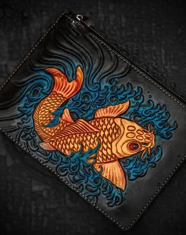 Convertible Women's Card Cases that Double as Keychains in Gold for Added FunctionalityHandmade Leather Carp Tooled Wristlet Bags Mens Cool Leather Wallet Long Clutch for Men