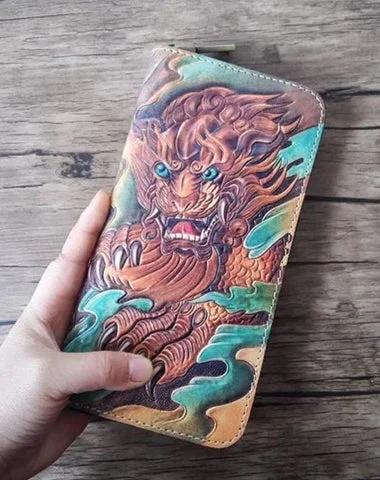 Faux Fur - Lined Women's Wallet in Pink for a Cozy and Stylish OptionHandmade Leather Chinese Lion Tooled Mens Long Wallet Cool Leather Wallet Clutch Wallet for Men