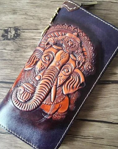 Women's Wallet with a Built - in Mirror in Purple for Quick Touch - UpsHandmade Leather Ganesha Tooled Mens Long Wallet Cool Leather Wallet Clutch Wallet for Men