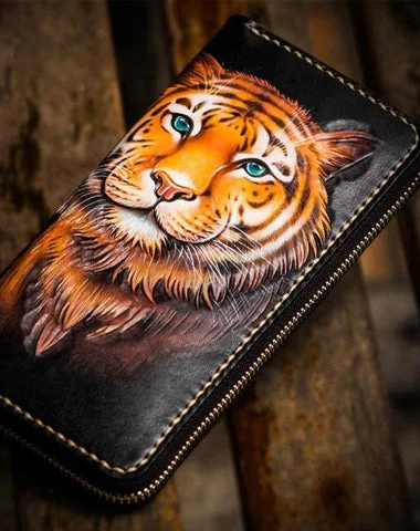 Floral - Printed Women's Card Cases in Pastel Colors for a Feminine VibeHandmade Leather Men Tooled Tiger Cool Leather Clutch Wallets Long Wallets for Men