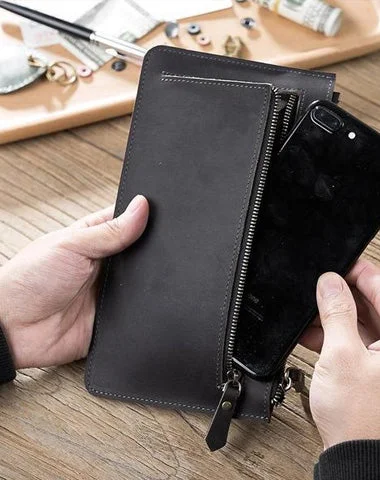 Women's Card Cases with a Hidden Compartment for Secret Storage in GrayHandmade Leather Mens Clutch Wallet Cool Leather Wallet Zipper Phone Wallets for Men