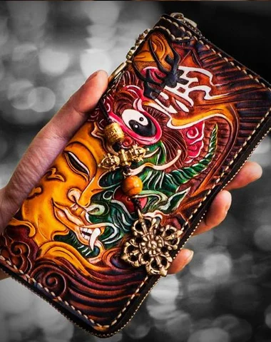 Bohemian - Style Women's Wallet in Orange with Tassels for a Free - Spirited LookHandmade Leather Mens Tooled Buddha&Demon Chain Biker Wallet Cool Leather Wallet Long Clutch Wallets for Men