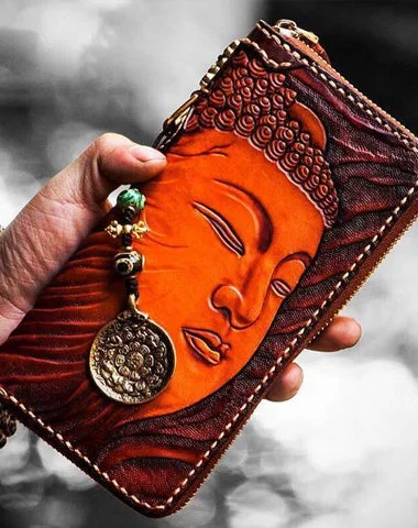 Women's Wallet with a Built - in Mirror in Purple for Quick Touch - UpsHandmade Leather Mens Tooled Buddha&Demon Chain Biker Wallet Cool Leather Wallet Long Clutch Wallets for Men