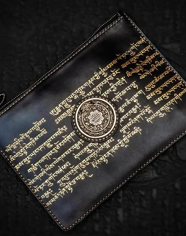 Vintage - Inspired Women's Wallet in Tan Leather with Brass Hardware for a Retro AestheticHandmade Leather Tibet Scriptures Tooled Wristlet Bag iPad Bag Mens Cool Leather Wallet Long Clutch for Men