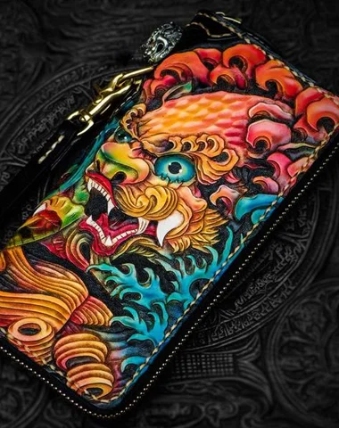 Floral - Printed Women's Card Cases in Pastel Colors for a Feminine VibeHandmade Leather Tooled Chinese Lion Black Mens Chain Biker Wallet Cool Leather Wallet Long Clutch Wallets for Men