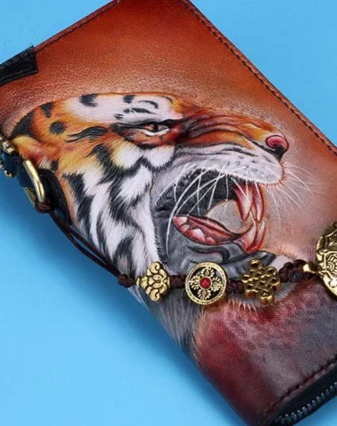 Travel - Sized Women's Wallet in Red with a Currency Compartment for Abroad TripsHandmade Leather Tooled Tiger Mens Chain Biker Wallet Cool Leather Wallet Long Clutch Wallets for Men