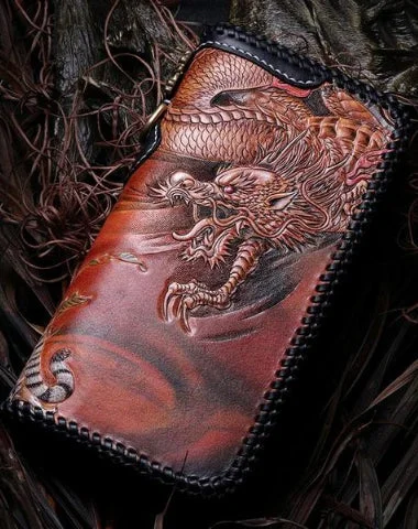 Bohemian - Style Women's Wallet in Orange with Tassels for a Free - Spirited LookHandmade Leather Tooled Chinese Dragon Tiger Mens Chain Biker Wallet Cool Leather Wallet Long Clutch Wallets for Men