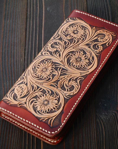 Vegan Leather Women's Wallet with Multiple Card Slots in Burgundy for Ethical ShoppersHandmade vintage black brown floral leather long wallet purse clutch for men