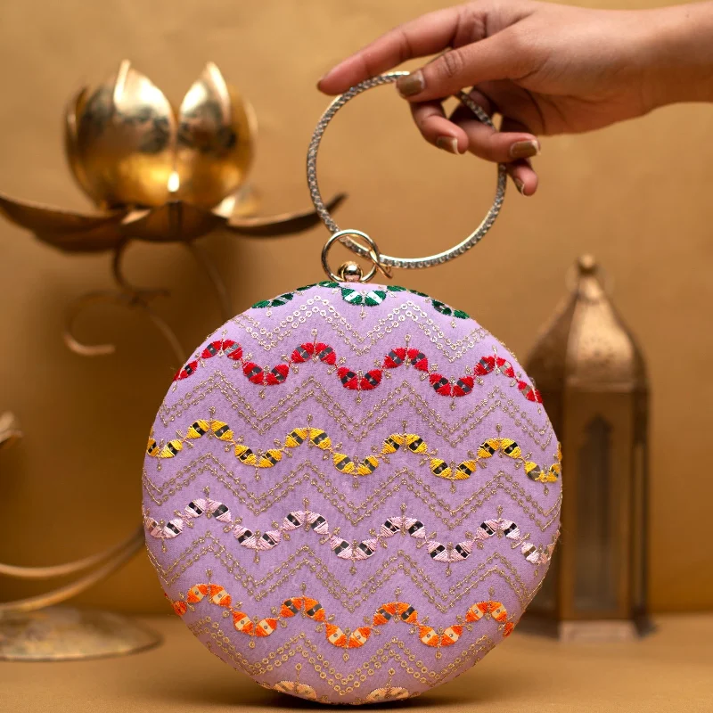 Mirrored Clutch in Silver for Futuristic - Themed GatheringsLavender Multicoloured Round Embroidery Clutch