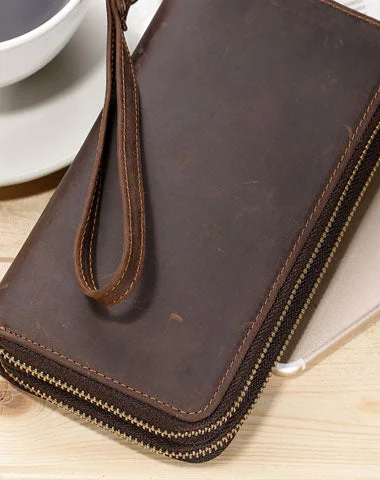 Crossbody Strap Women's Wallet in Black for Hands - Free ConvenienceLEATHER MENS Wristlet Wallet Double Zipper Vintage Coffee Clutch FOR MEN