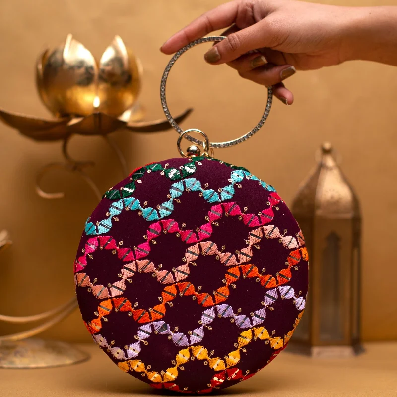 Women's Embroidered Silk Evening Bag in Navy for WeddingsMaroon Multicoloured Round Embroidery Clutch